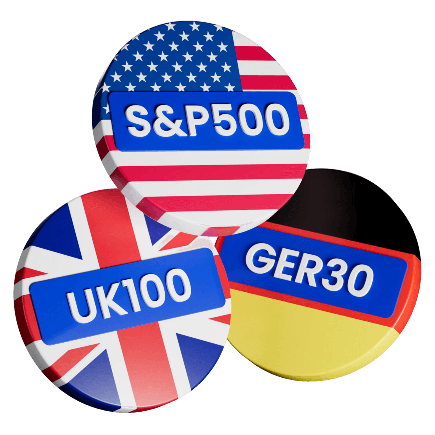 Minh họa 3D huy hiệu chỉ số S&P 500, UK100 và GER30