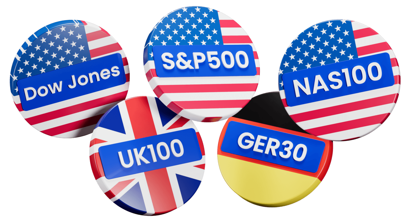 Huy hiệu chỉ số chứng khoán toàn cầu — Dow Jones, S&P 500, NAS100, UK100 và GER30